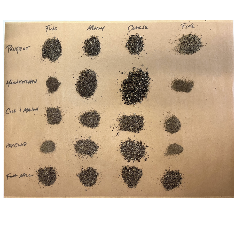 a handwritten chart showing the grinds from several pepper mills