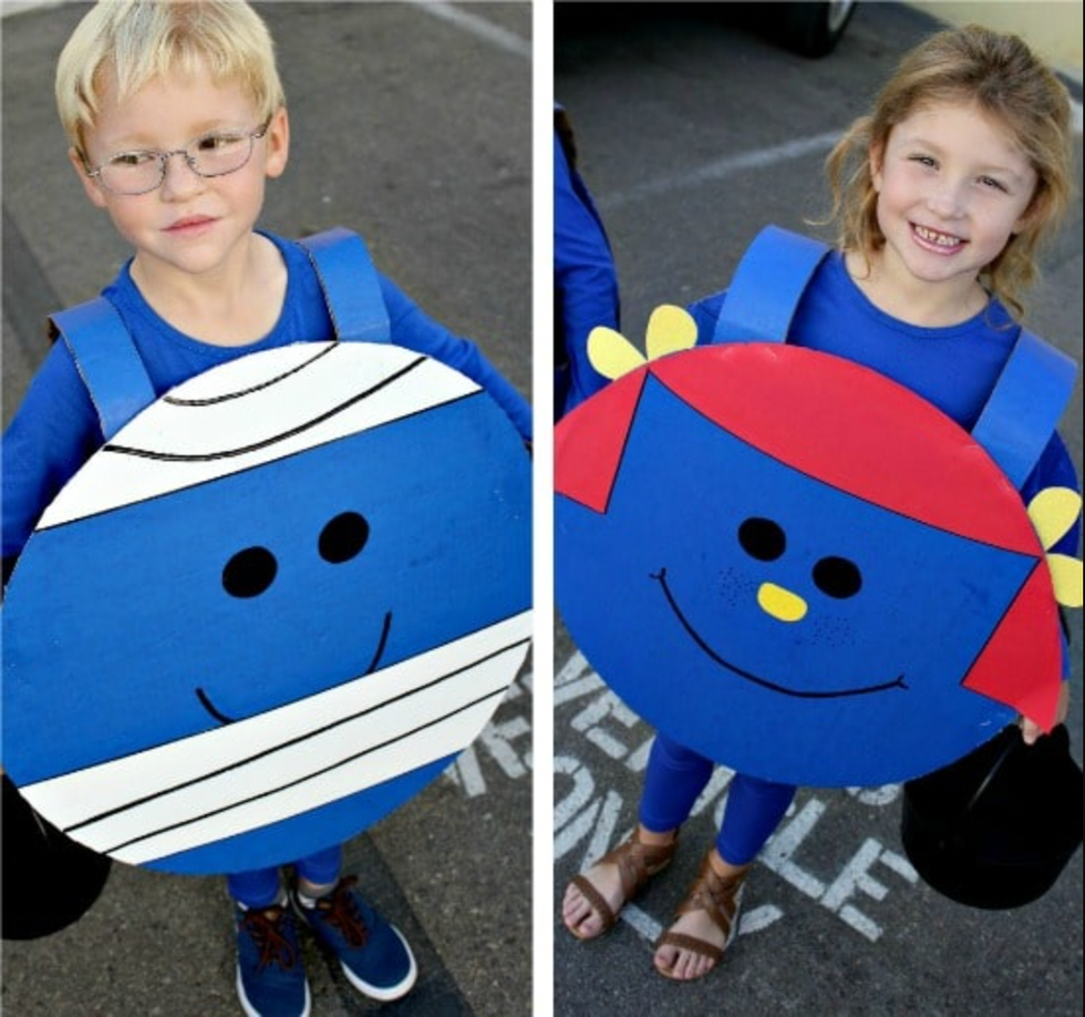 young boy and girl dressed as little miss and mr bump