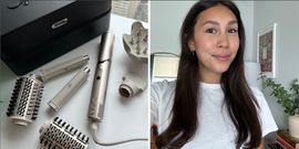 the shark flexstyle with attachments in left photo and a gh editor who styled their hair using the shark in right photo