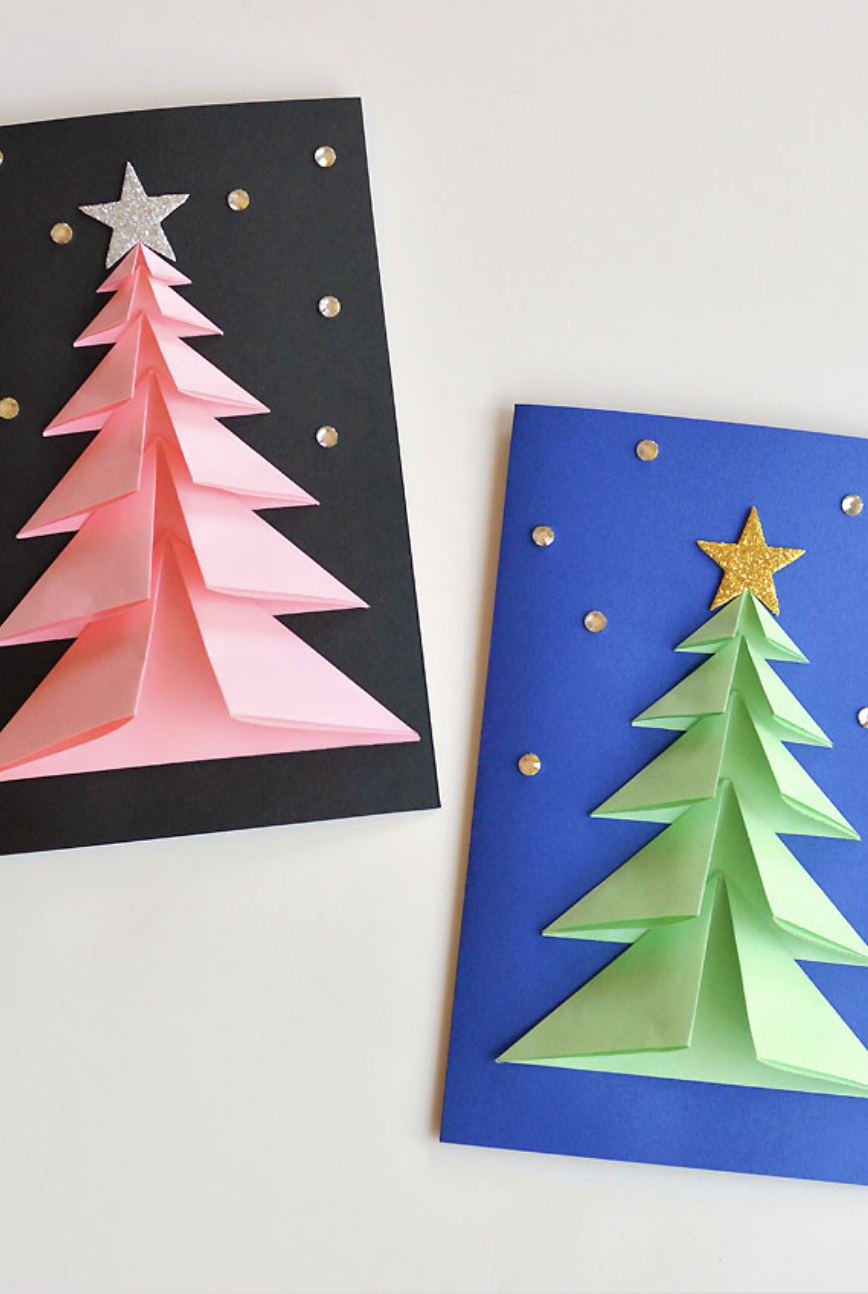 3d paper christmas tree card instructions, pink and green
