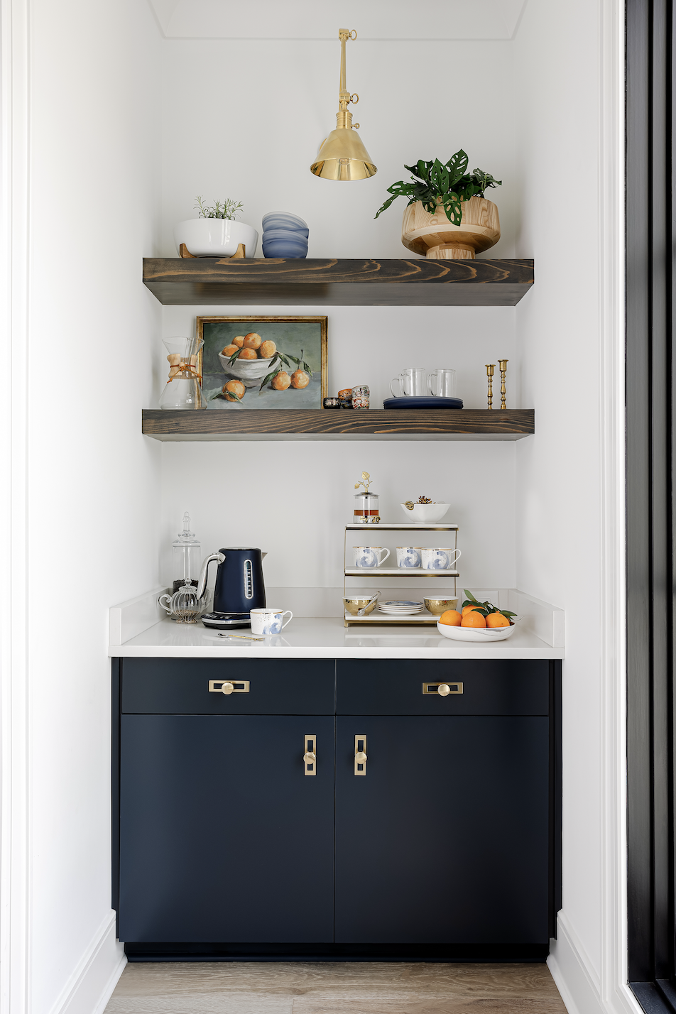 coffee bar idea with navy cabinetry