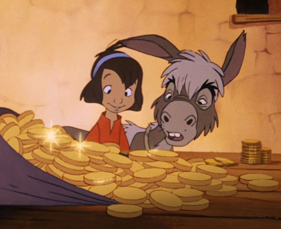 a cartoon of a boy and a small donkey in front of a pile of gold coins