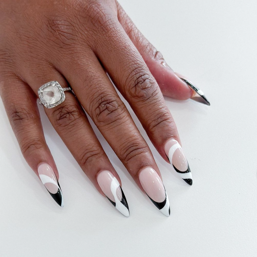 a hand with black and white nails