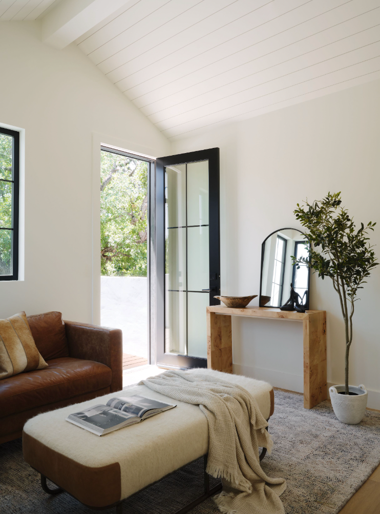 leaning mirror and plant in entryway