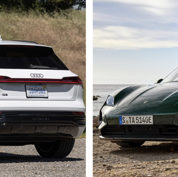 a collage of audi q8 etron and porsche taycan turbo cross turismo