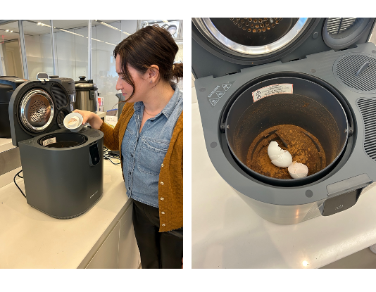 a woman adding eggshells to a composter next to a photo of the eggshells on ground and dried food scrap