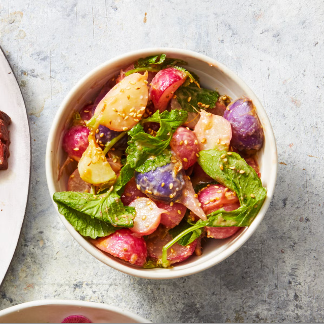miso glazed radishes in a white bowl