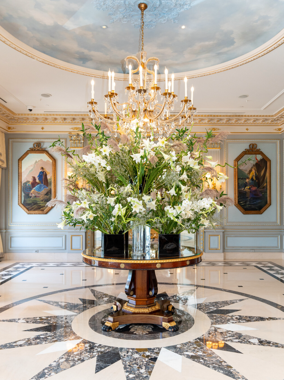 big flowers in lobby of hotel