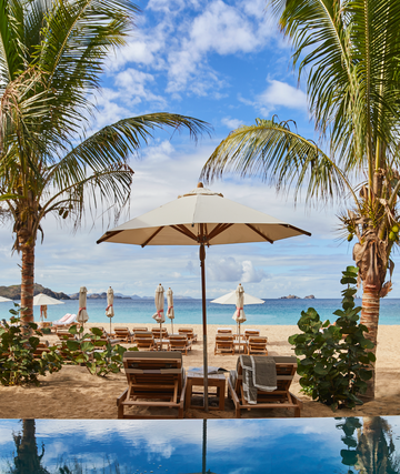 tropical beach scene with lounge chairs and umbrellas