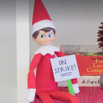 Elf on the Shelf Names elf doll holding a sign on a shelf with pine cones and books