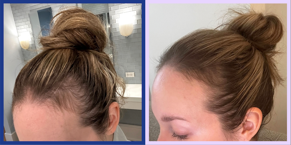 two closeup views of a hair bun styling