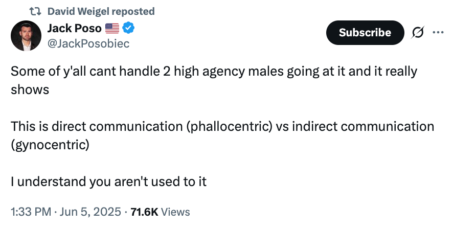 een bericht op sociale media waarin de communicatiestijlen en dynamiek tussen mannelijke topfunctionarissen worden besproken