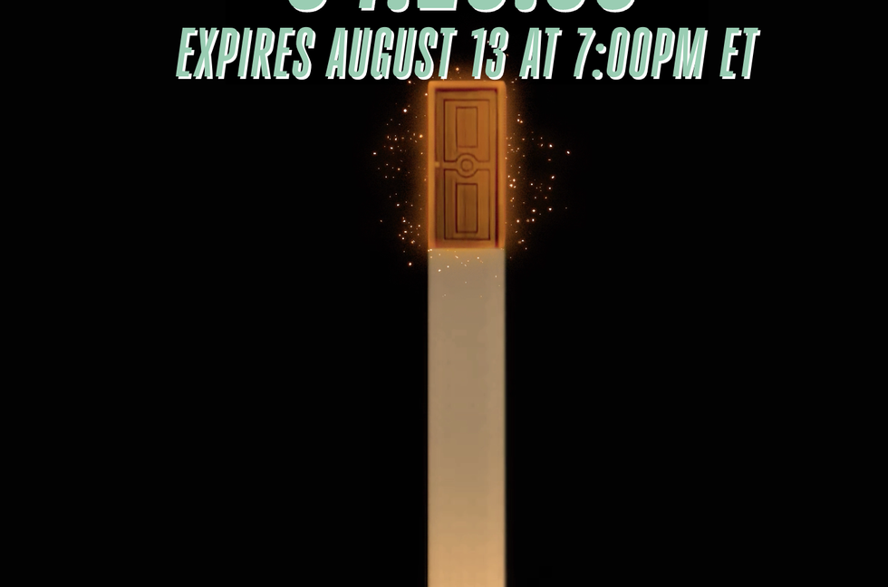 a glowing door outlined with sparkles and a countdown timer