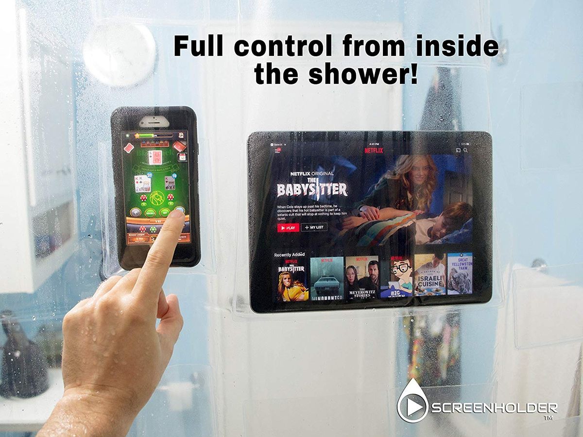 This Bunkerwall Shower Curtain Liner Holds Your Devices So You Can Use Them In The