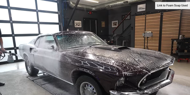 1970 mustang mach 1 being washed in great detail