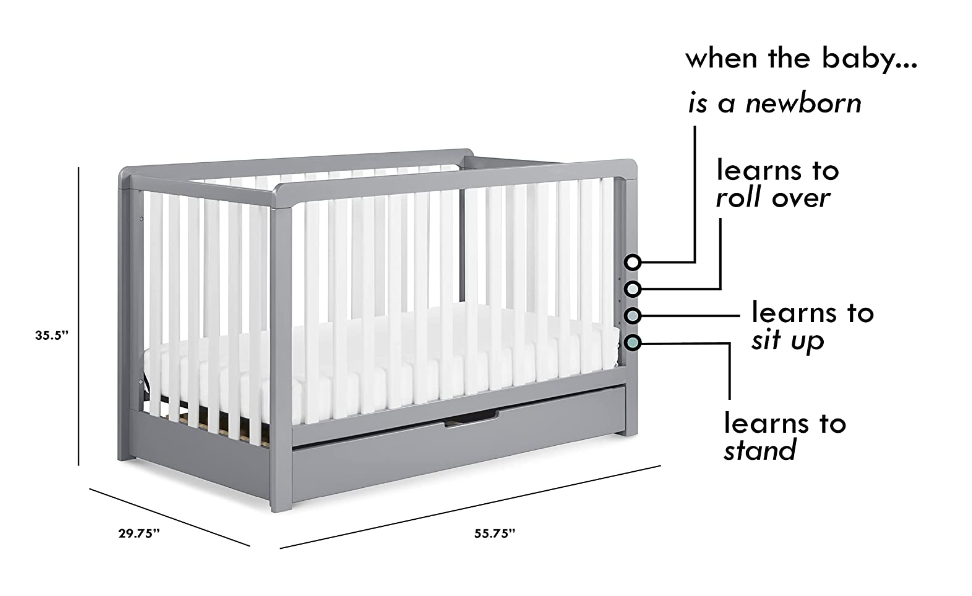 gray and white davinci crib on a white background, with black text explaining the four different heights for a crib mattress as your baby grows