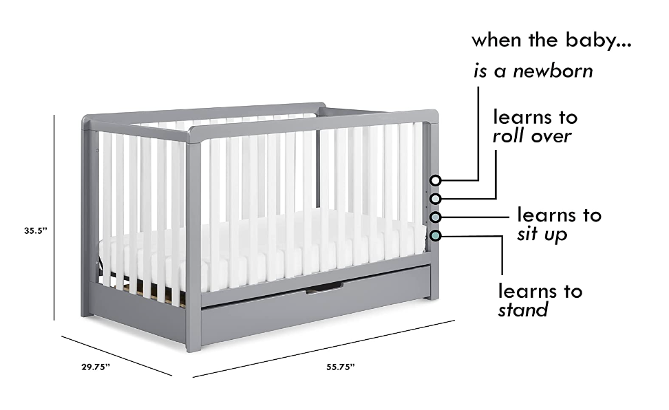 where to move a crib mattress as your baby grows gray and white davinci crib on a white background, with black text explaining the four different heights for a crib mattress as your baby grows
