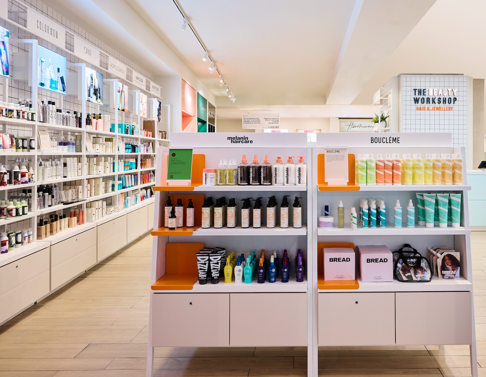 a look at pink display selves at the selfridges hair hall which is stocked with colourful products