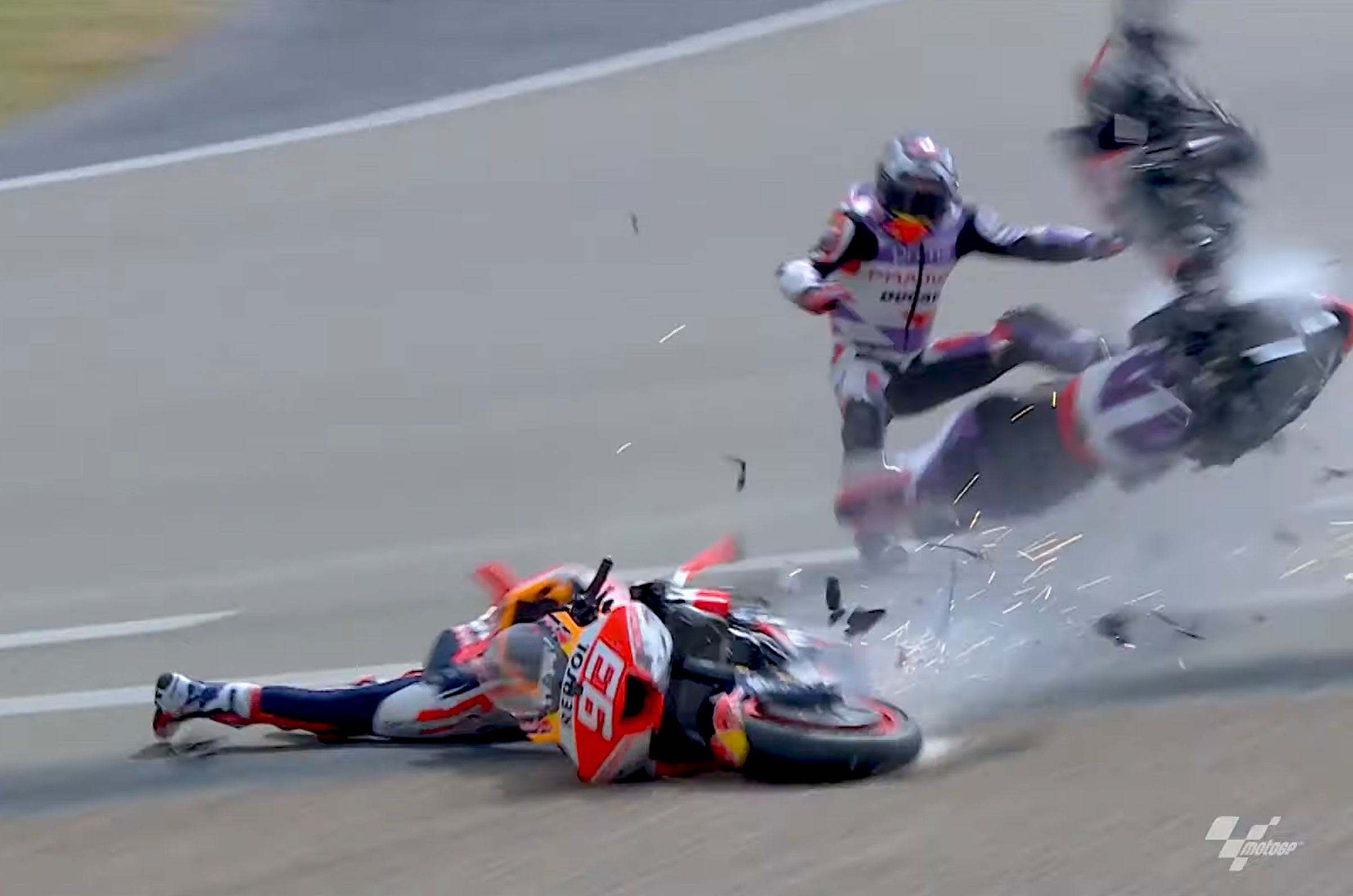 MotoGP Crash Splits Bike in Two, Riders Walk Away