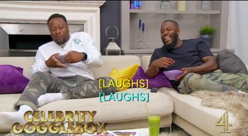 comedians mo gilligan and babatunde aleshe sat on sofa laughing will appearing in channel 4 tv show gogglebox