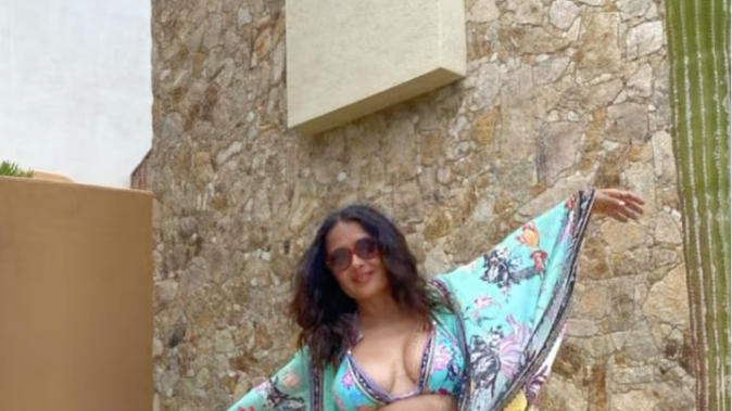 Salma Hayek Spends Labor Day in a Multicolored Bikini and Robe