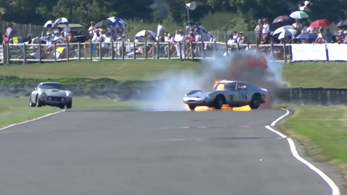 Here's a $50 million car catching fire on the track and spinning on its own oil