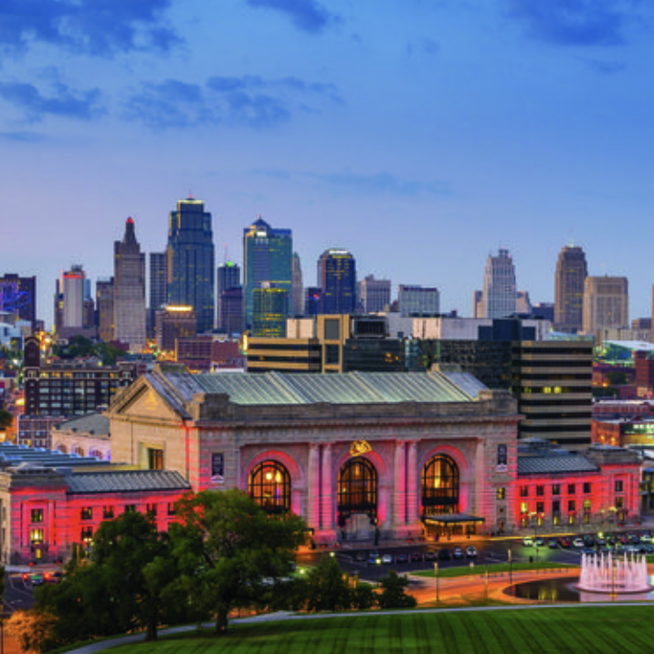 a large city landscape with union station in the background kansas city