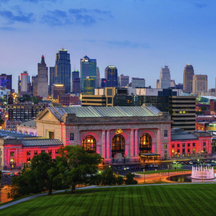 a large city landscape with union station in the background kansas city