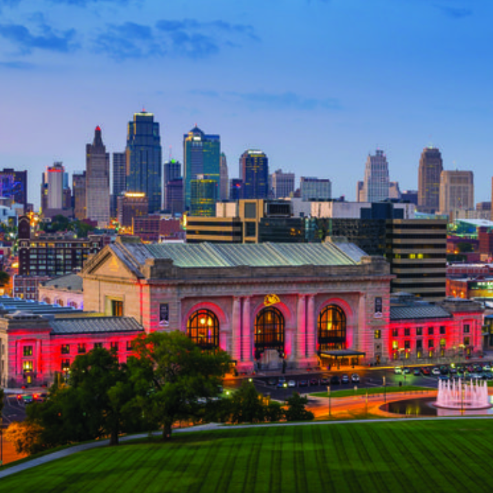 a large city landscape with union station in the background kansas city