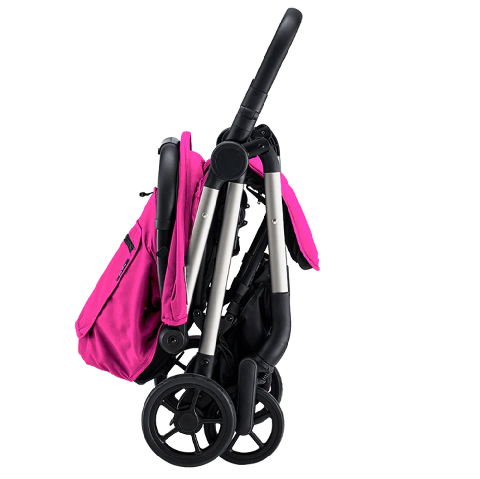 a pink and black colugo the one stroller, folded