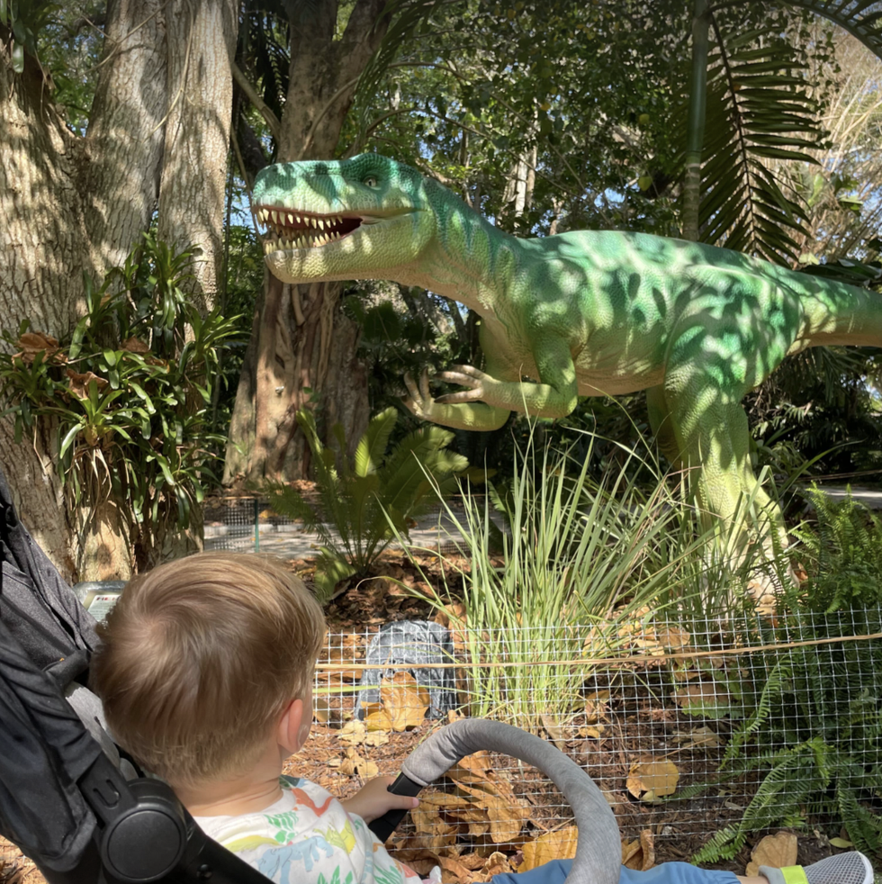 a toddler sits in a summer infant travel stroller and looks at a dino statue, part of a good housekeeping story on the best travel strollers