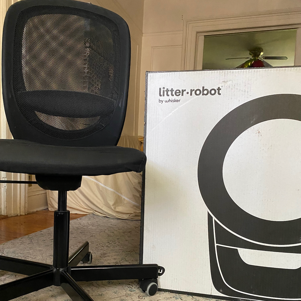 the Litter Robot in its box a litter robot shown next to a desk chair for size