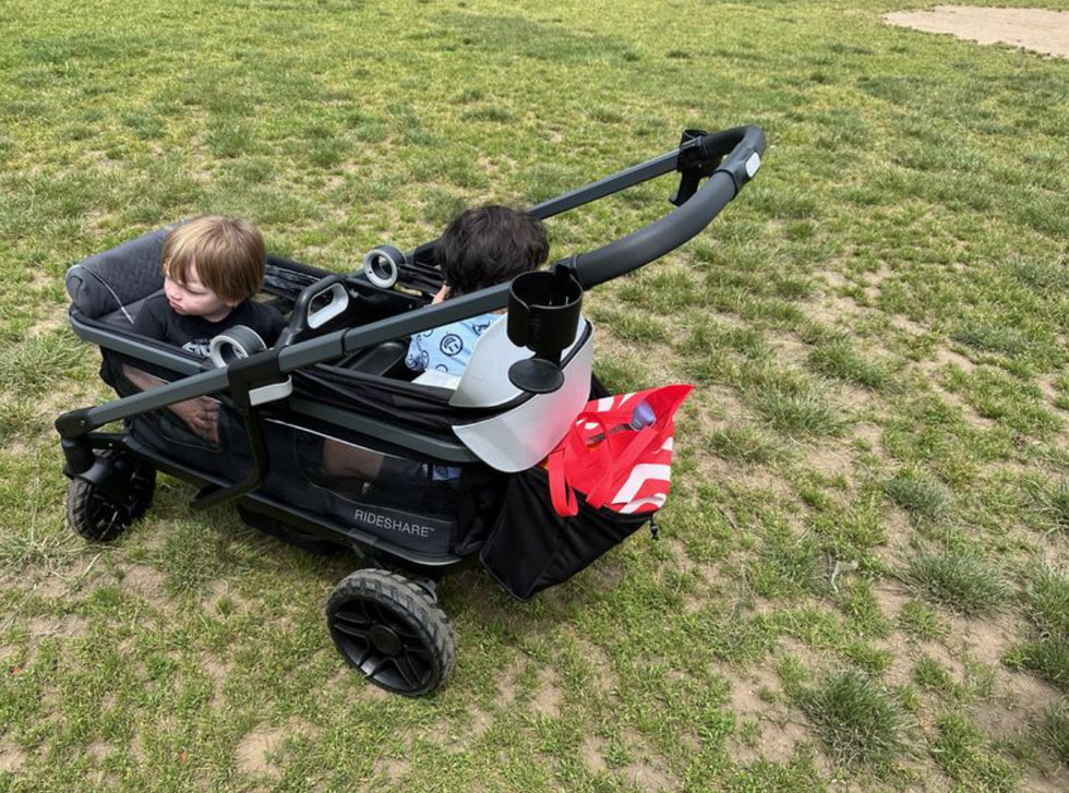 two siblings sit in a stroller wagon in a park, part of a good housekeeping story on the best double strollers