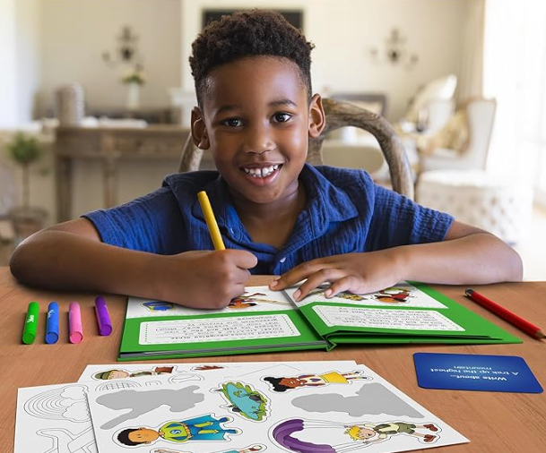 child engaged in a coloring activity with books and markers on a table