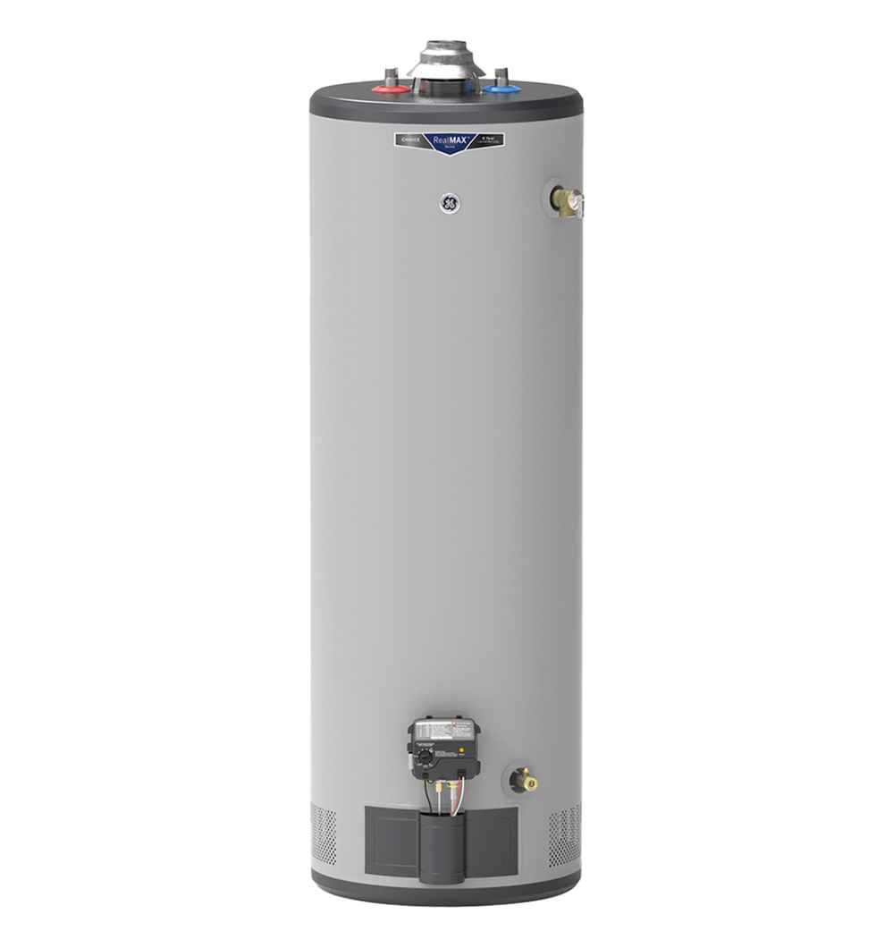 a tall gray water heater with control valves and a bottom connection