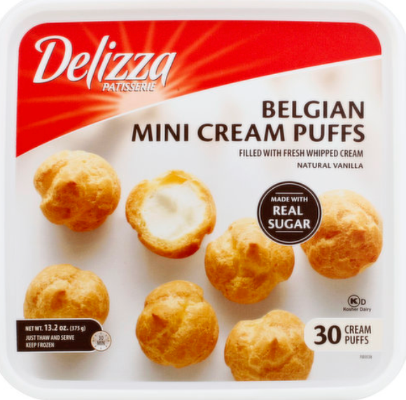package of belgian mini cream puffs with a few puffs visible