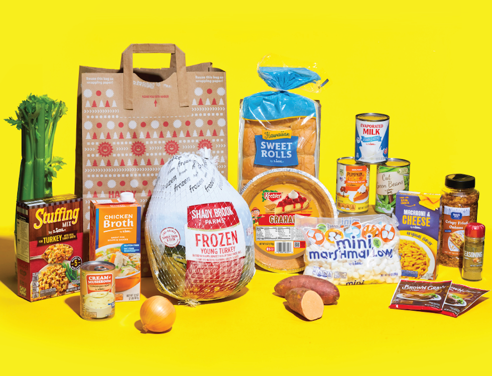 Food items arranged on a yellow background including a frozen turkey stuffing and other ingredients