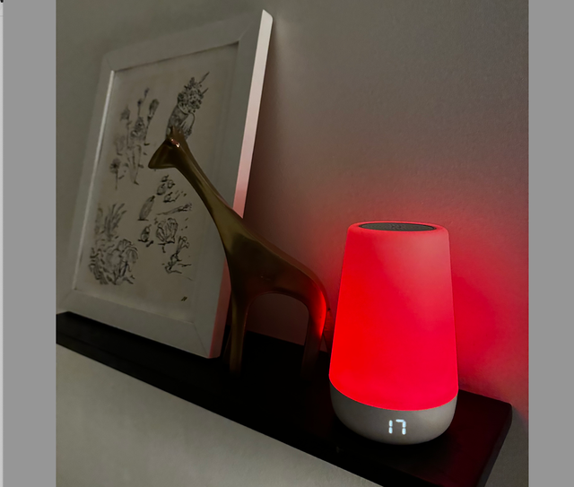 decorative shelf display featuring a giraffe figurine a red nightlight and a framed artwork