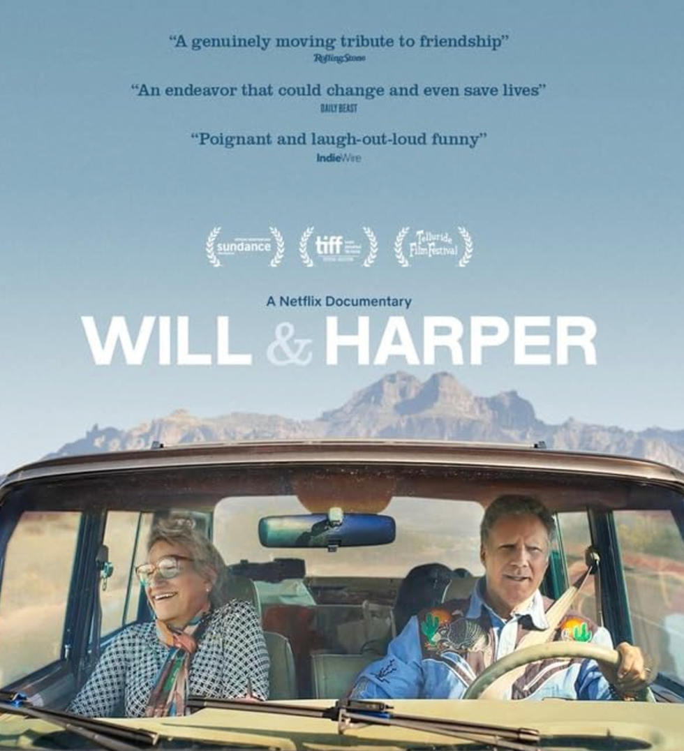 documentary poster featuring two people in a car against a mountainous backdrop