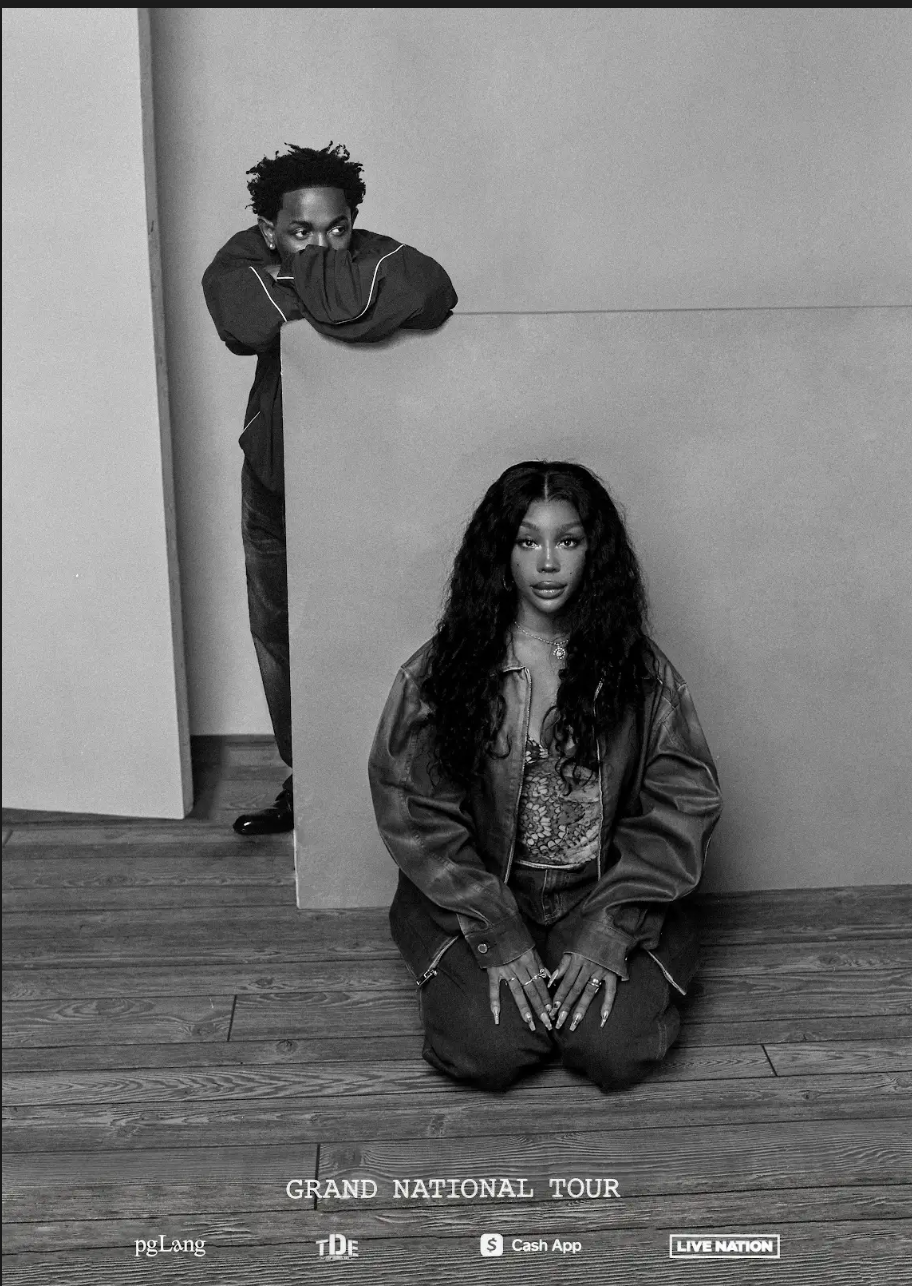 sza and kendrick posing in front of a minimalist background with promotional text at the bottom