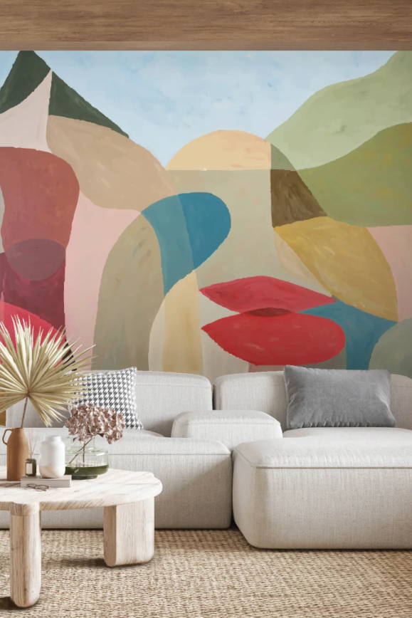 Interior setting featuring a modern sofa and a vibrant mural interior setting featuring a modern sofa and a vibrant mural