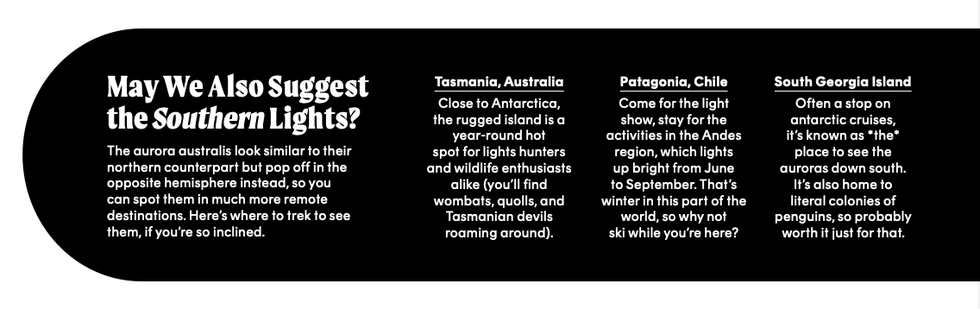 information about viewing the southern lights in various locations