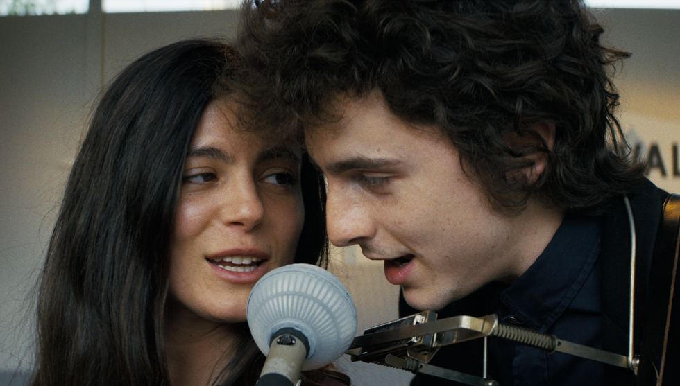 monica barbaro and timothee chalamet in a complete unknown