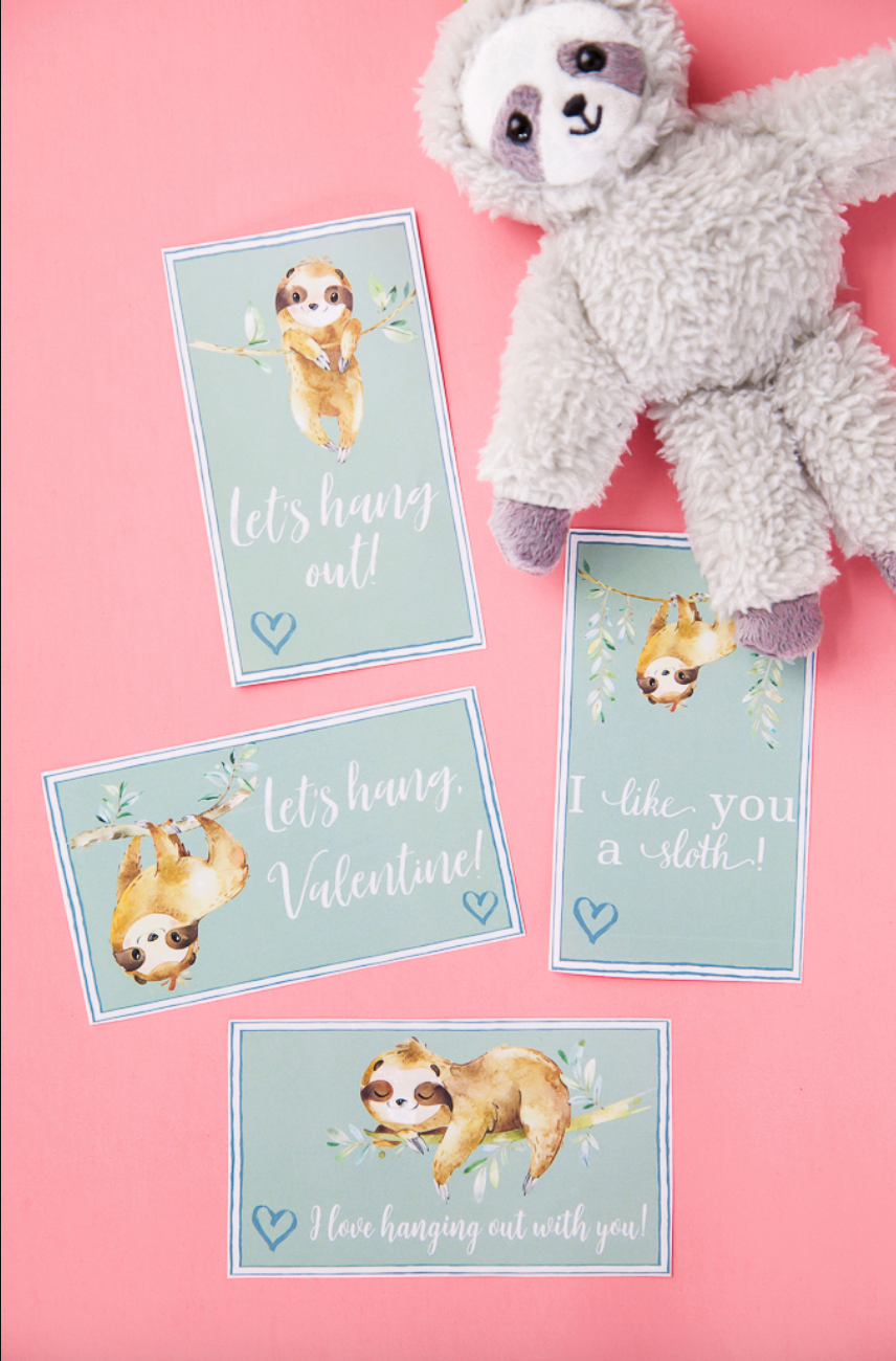 sloththemed valentines cards and a plush sloth toy on a pink background