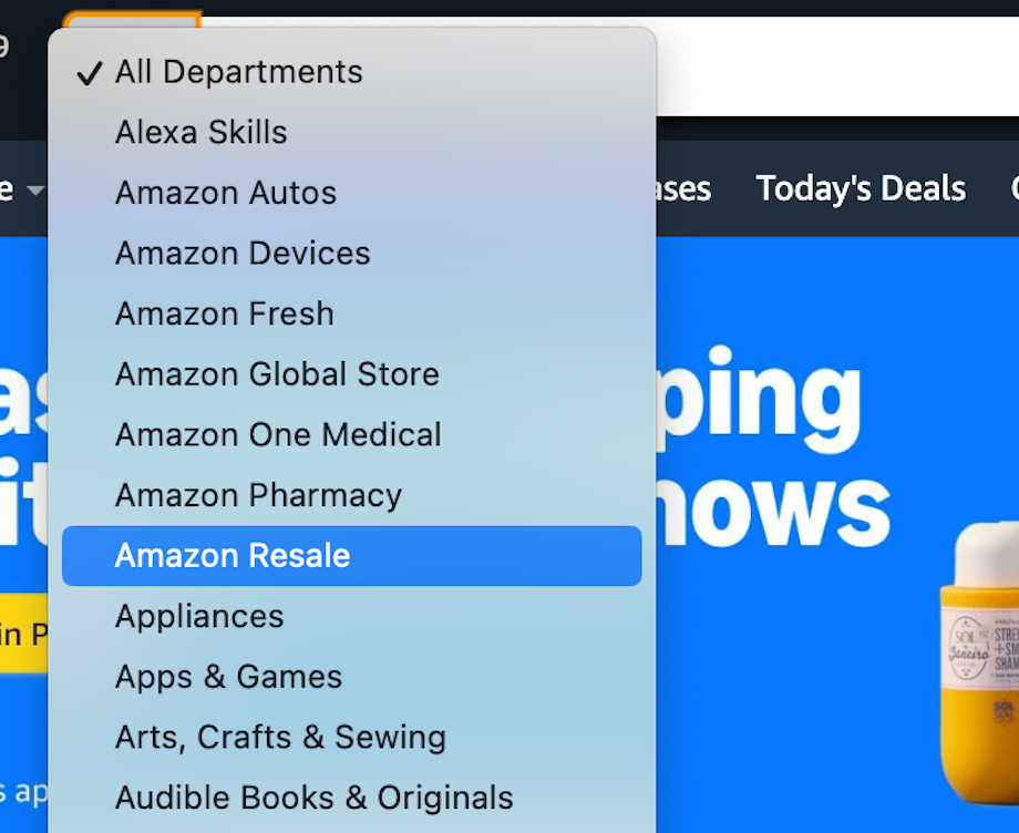 dropdown menu showcasing various amazon departments with amazon resale highlighted