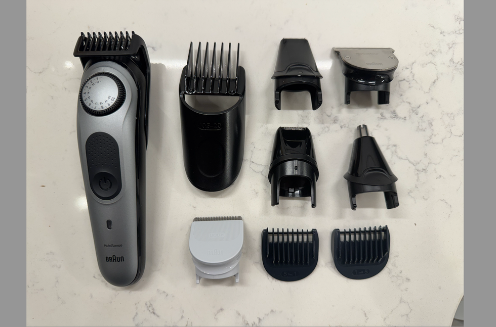 hair trimmer location with various attachments on a countertop