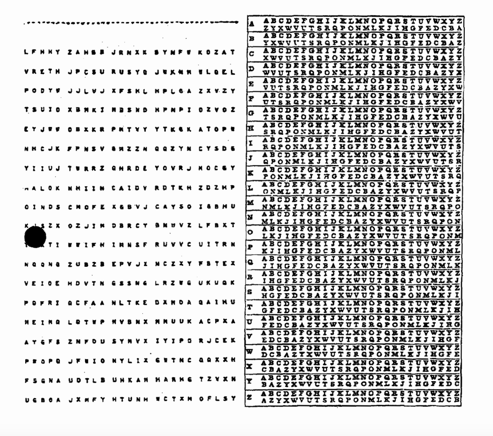grid filled with letters arranged in a nonlinear fashion resembling a puzzle or cipher