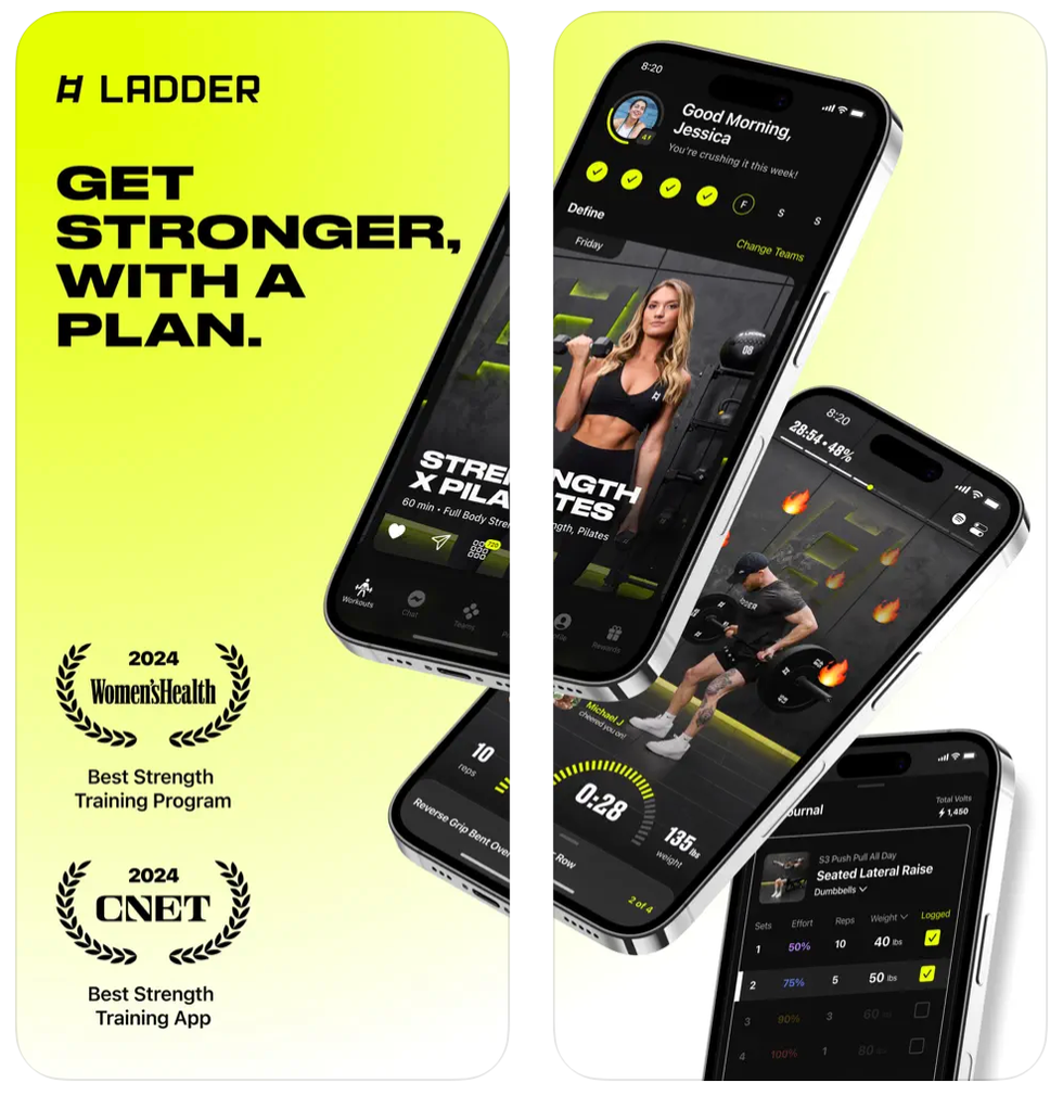 mobile app showcasing strength training and pilates routines
