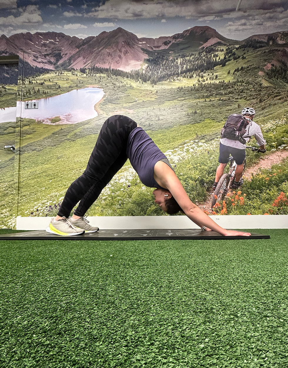 a person practicing yoga in the downwardfacing dog position on a mat with a mountain landscape backdrop