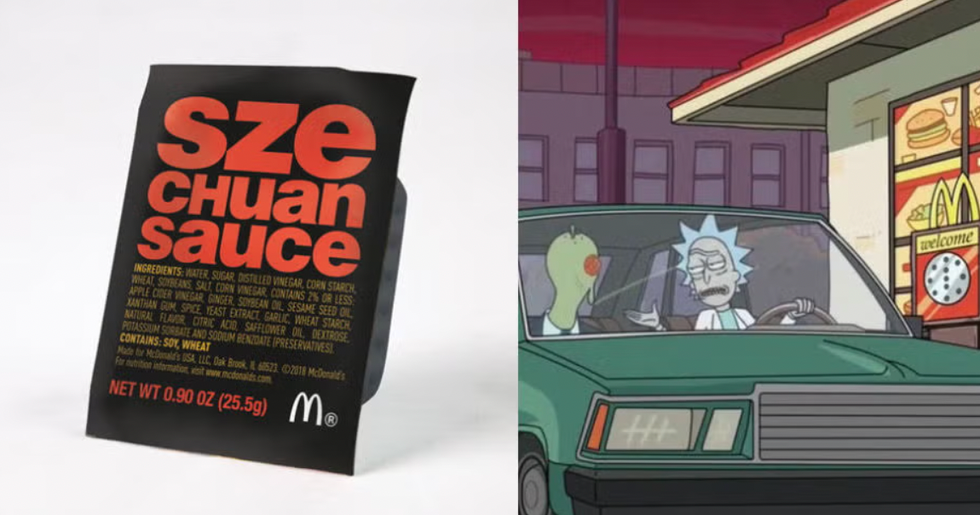 szechuan sauce packet and a scene from a cartoon featuring characters at a fastfood drivethru